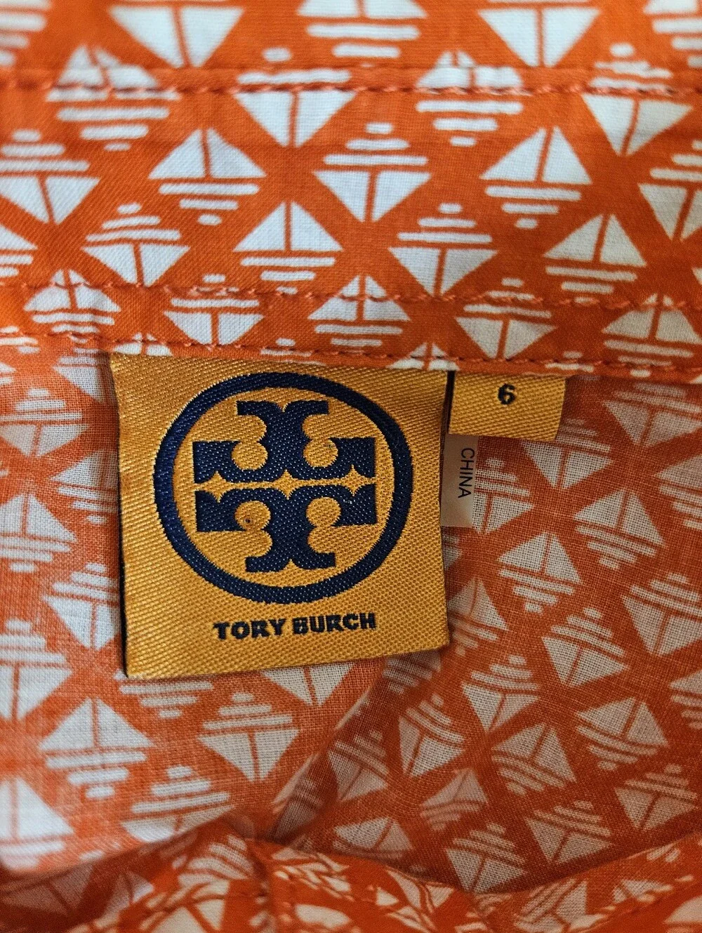 Tory Burch Brigitte Blouse 6 Checkerboard Roll Tab Utility Cotton Orange White